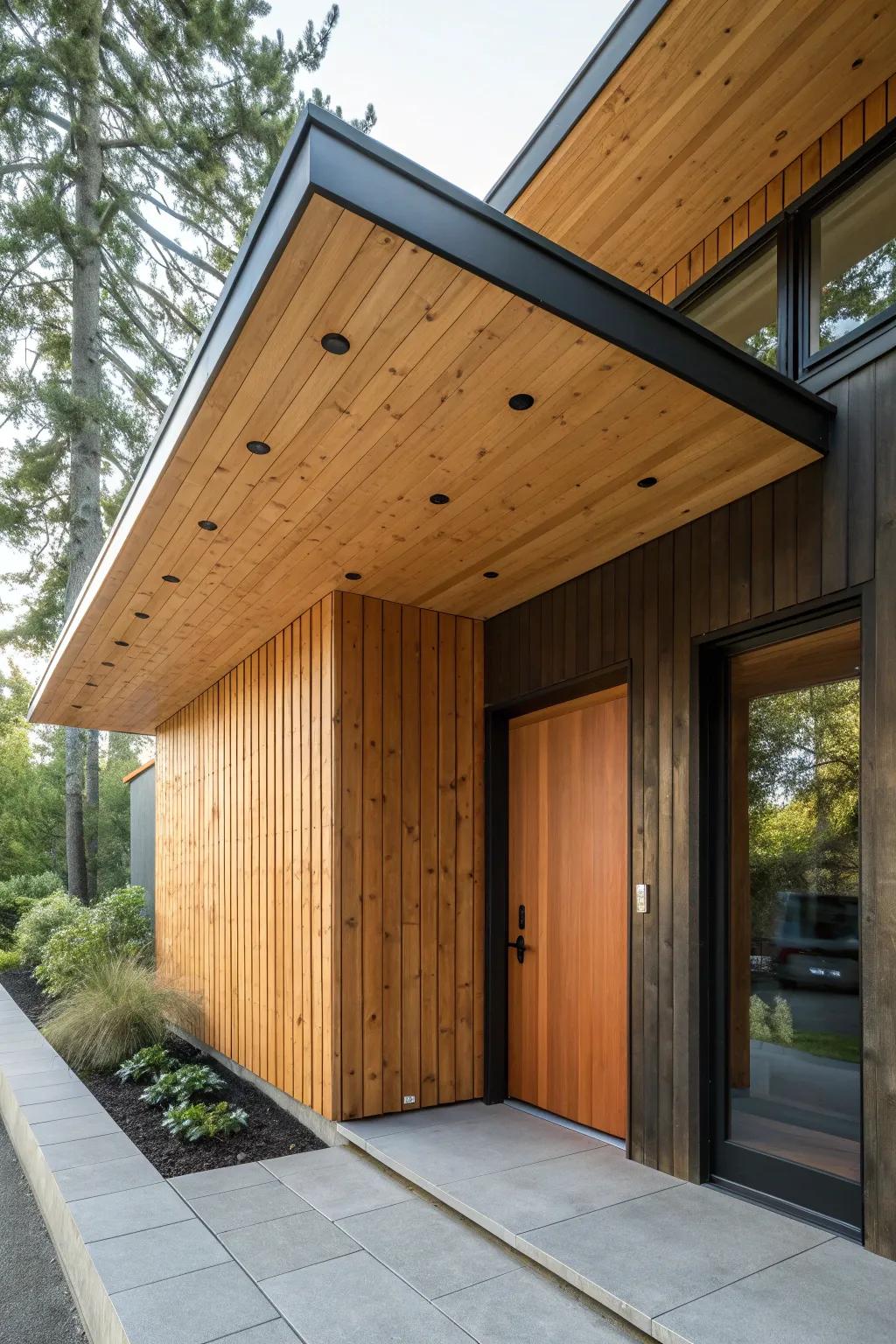 Wall-to-overhang wood cladding that turns an entry canopy into a clean, high-end statement.