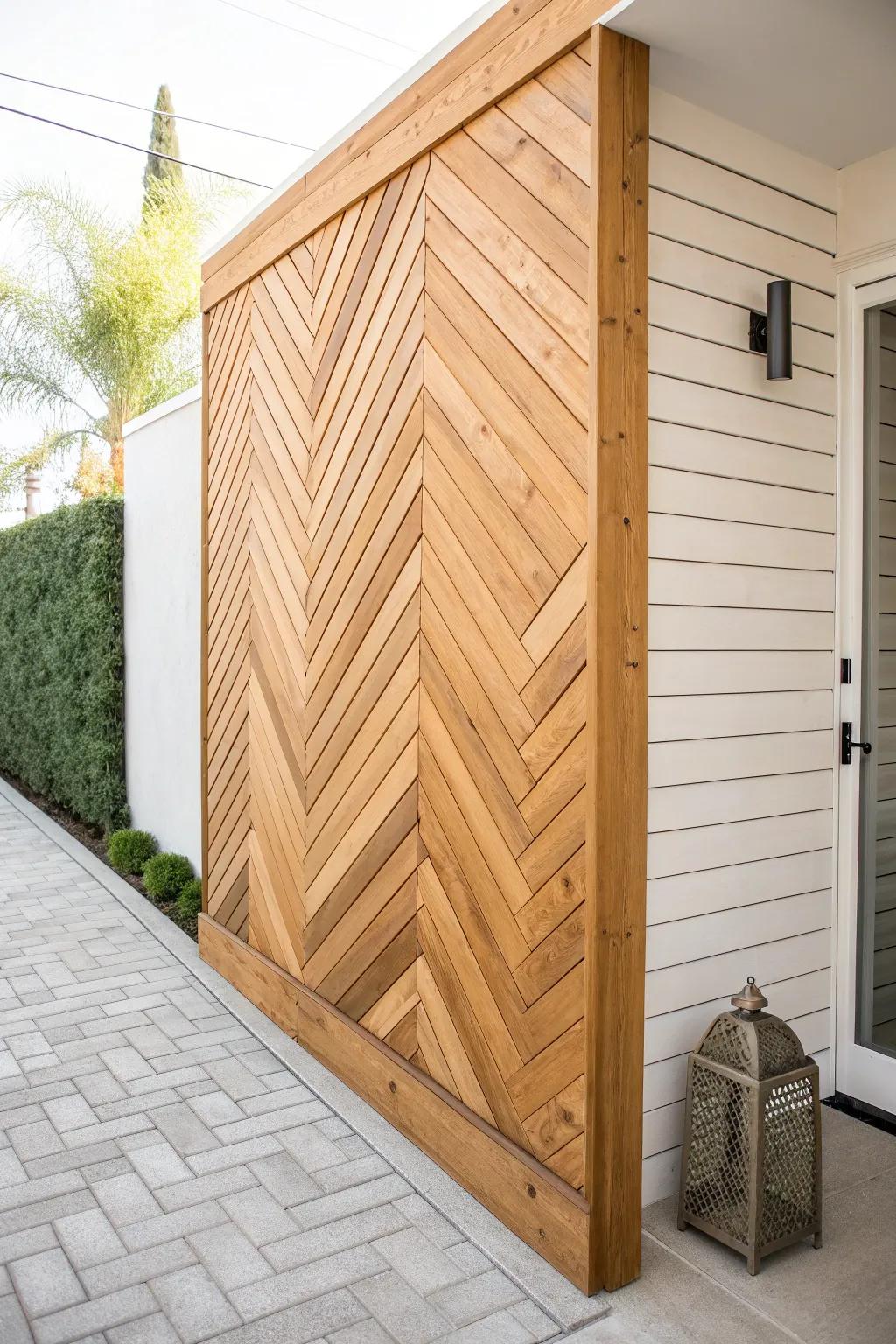 Warm cedar chevron slats bring bold, minimalist curb appeal with handcrafted detail.