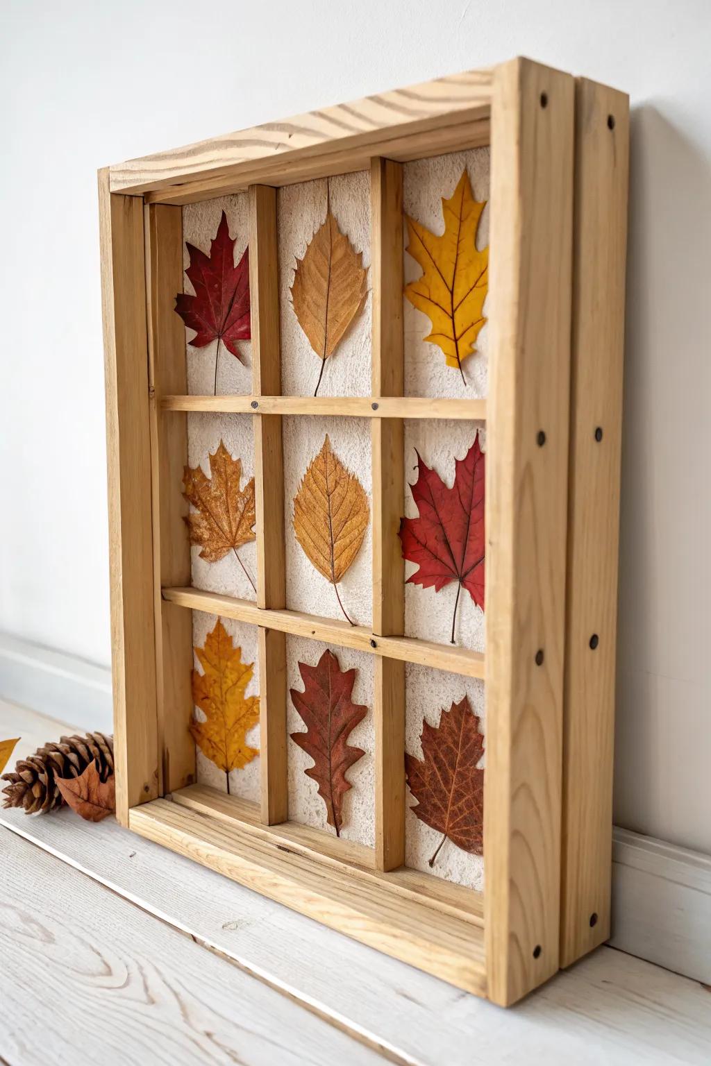 A wooden crate turned into a fall leaf “museum” shadowbox—clean lines, bold autumn color.