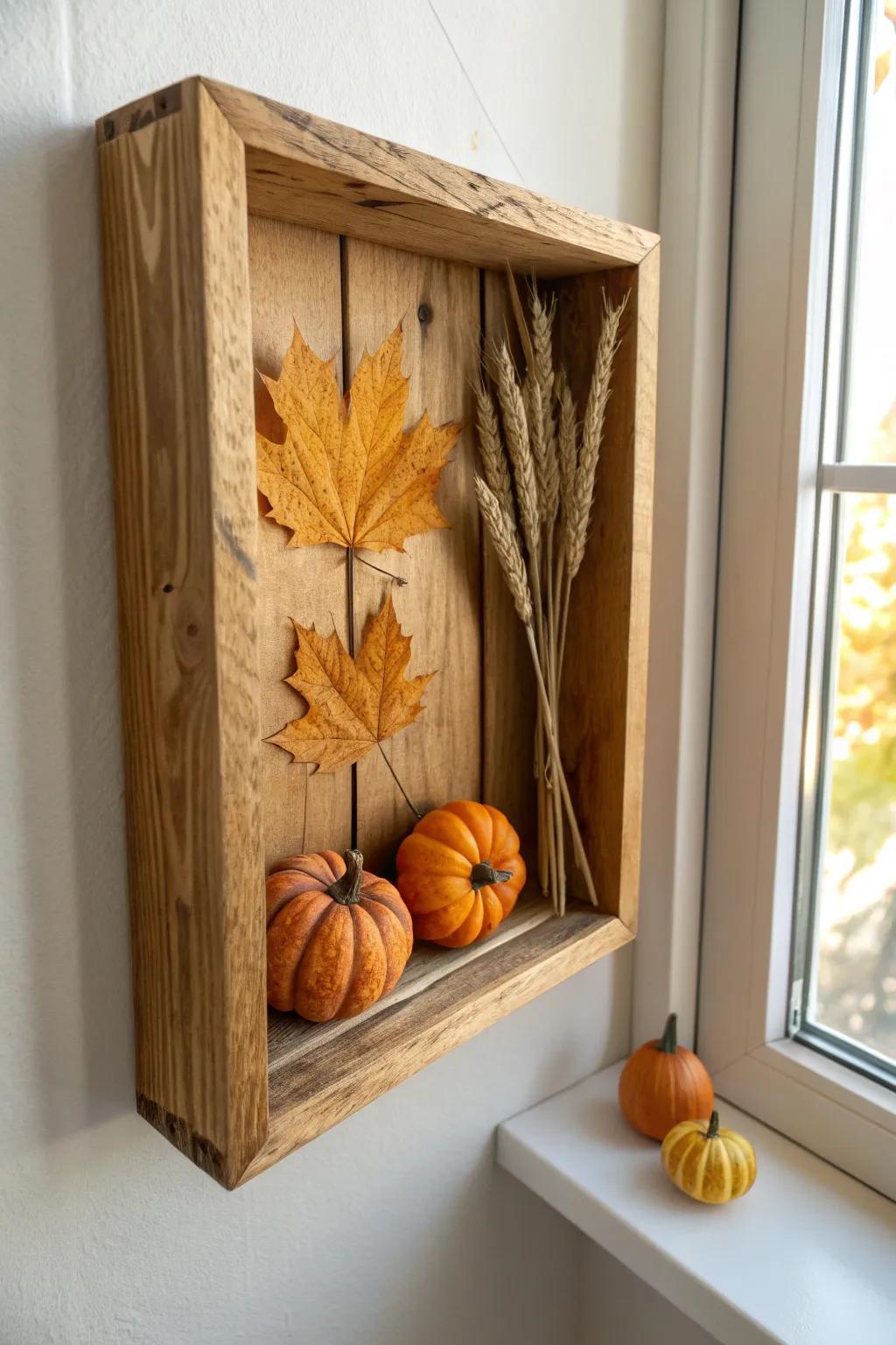 A scrap-wood harvest shadowbox that adds fall texture and wow-factor without taking floor space.
