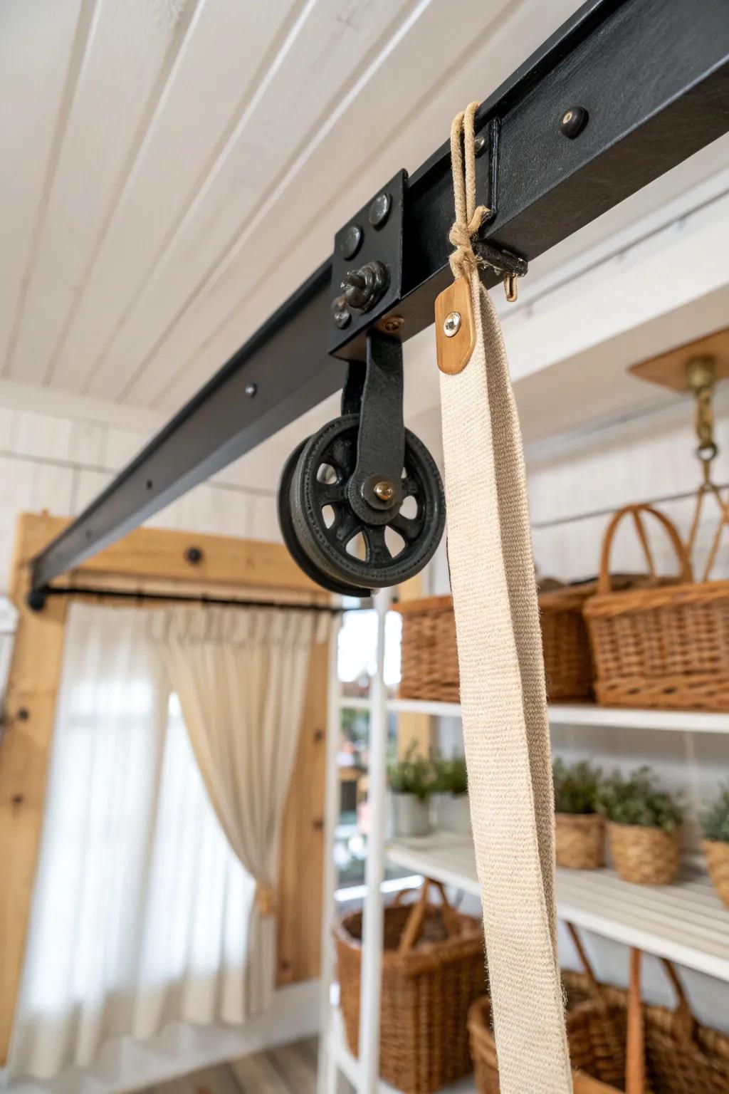 Barn-inspired overhead monorail: the chic way to lift parts and stage lumber in style.