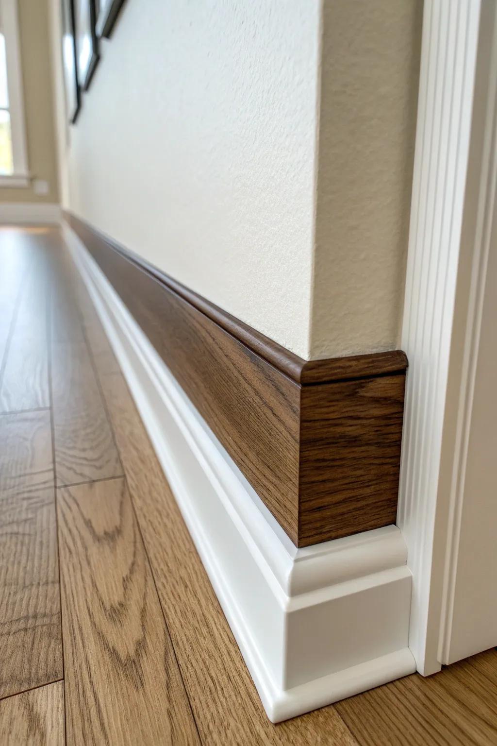 A slim walnut reveal line gives simple farmhouse baseboards a bespoke, artisan-made finish.
