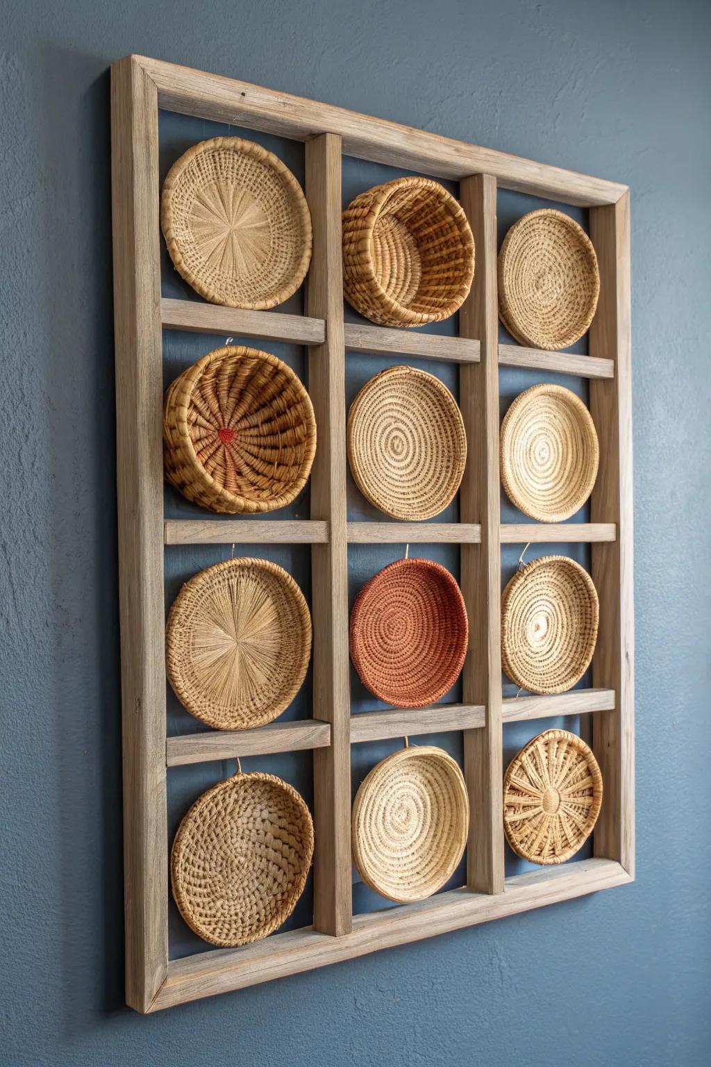 Mini basket quilt-block wall art: farmhouse charm, Scandinavian calm, boho texture.