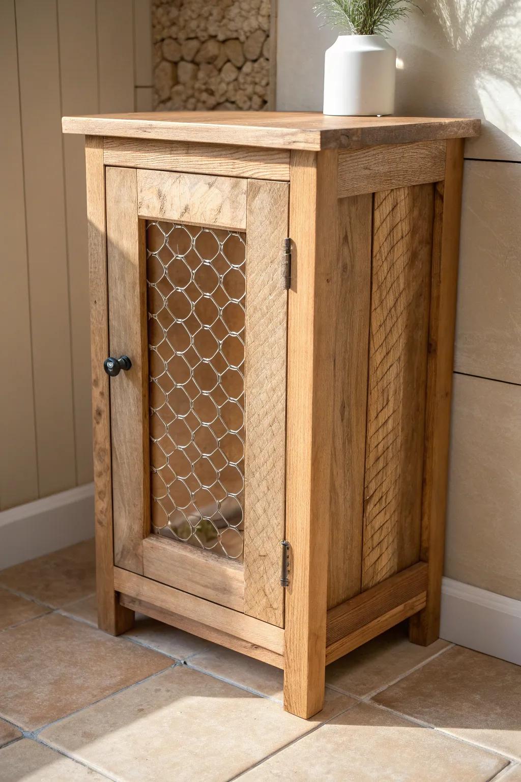 Budget farmhouse charm: a DIY chicken-wire cabinet front for an airy, vintage bathroom upgrade.