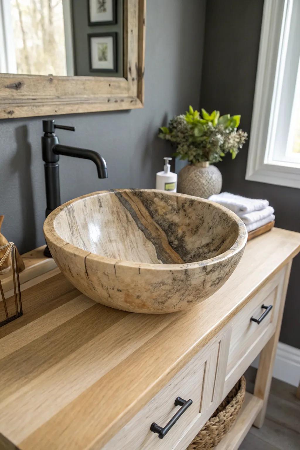 Petrified wood sink with fossil-like veining—earthy, farmhouse-ready, and a total showstopper.