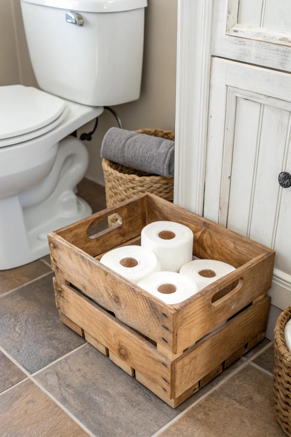 Vintage wood crate toilet paper station—farmhouse charm with clean Scandinavian contrast.