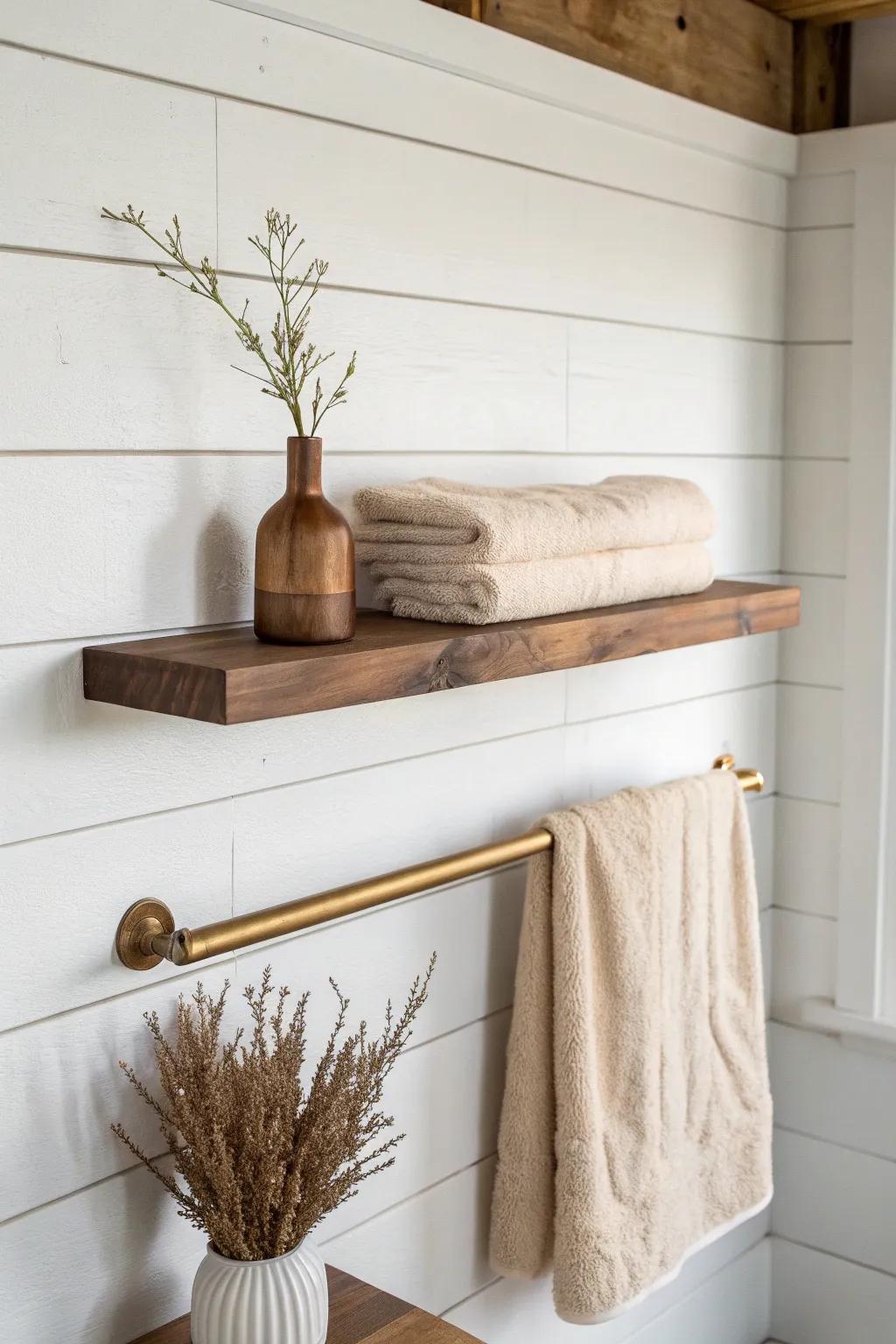 Live-edge shelf + hidden towel bar—farmhouse function with sculptural, warm wood beauty.