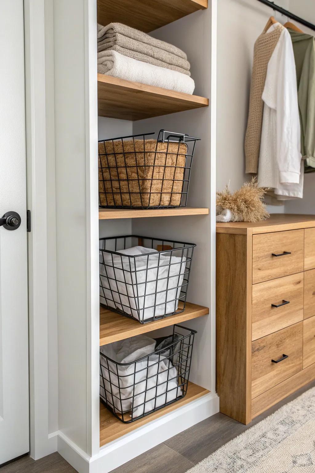 Airy wire bin + warm oak shelving for a rustic farmhouse closet with minimalist charm.