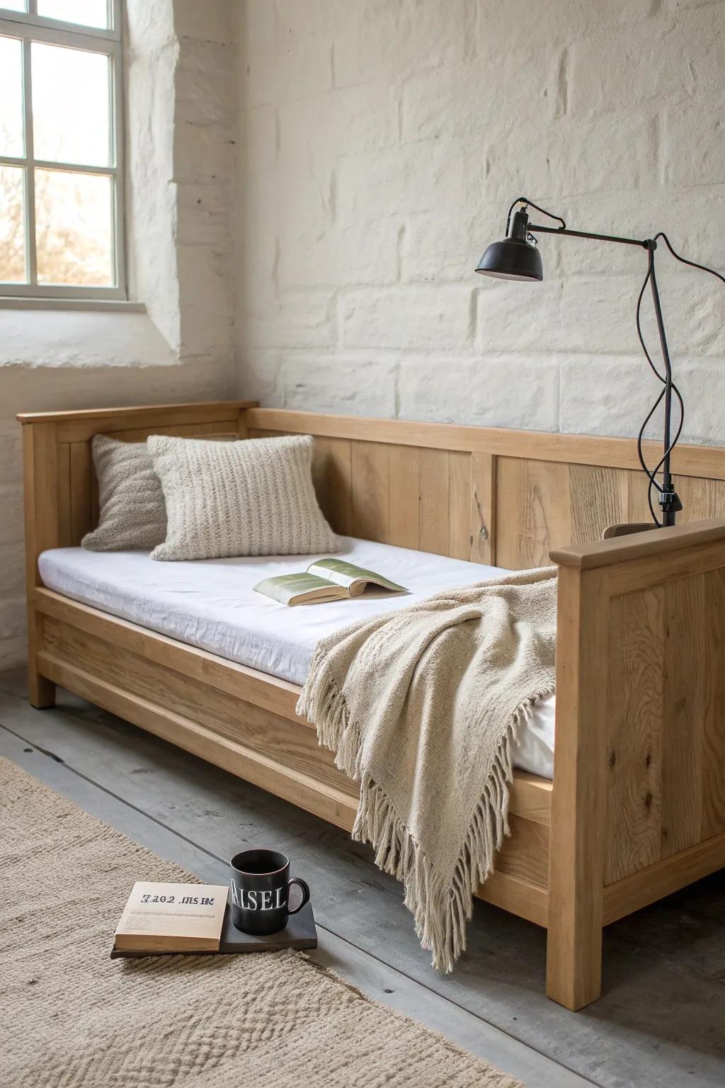 Farmhouse daybed with a built-in side shelf—perfect for books, mugs, and a cozy lamp.