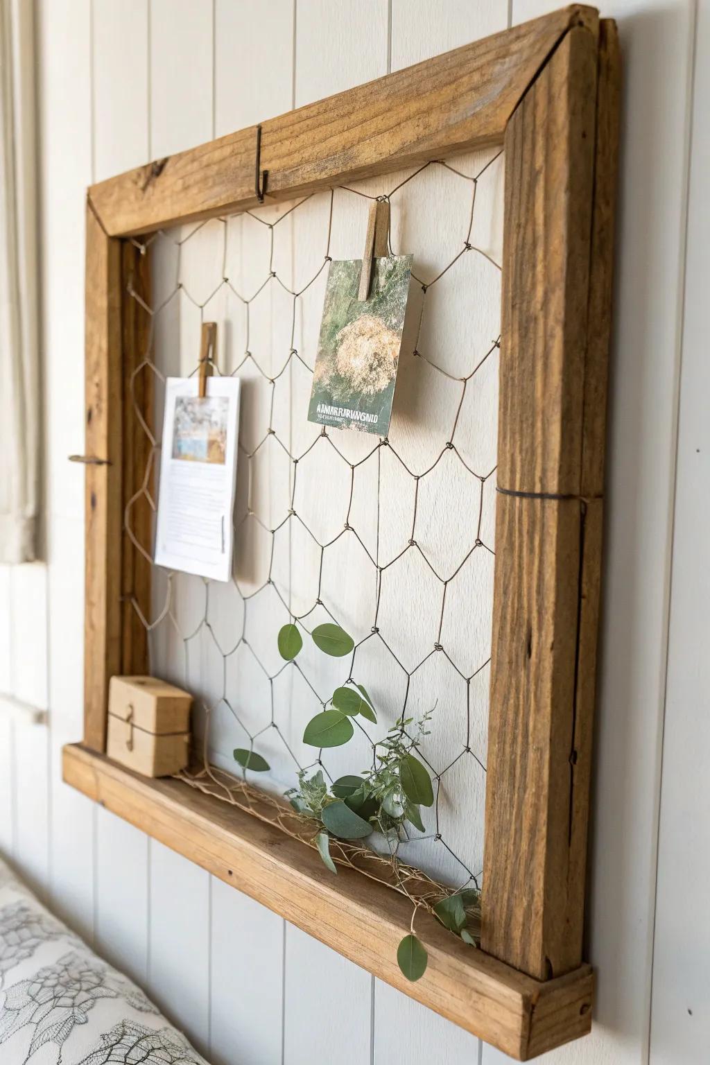 Thrifted frame + chicken wire = a charming farmhouse memo board for recipes and postcards.