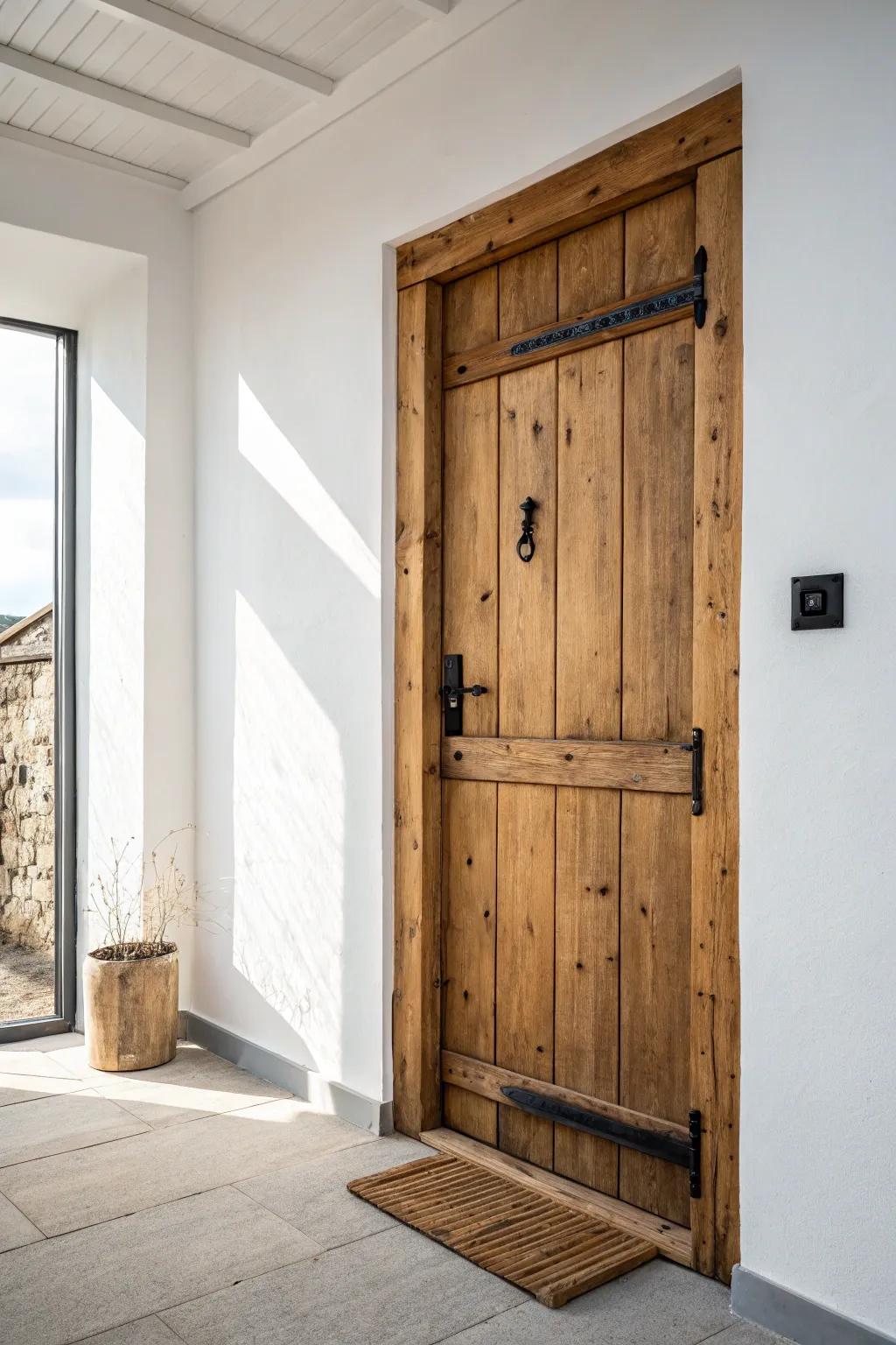 A reclaimed-wood farmhouse door—salvaged boards, bold grain, and timeless black iron hardware.