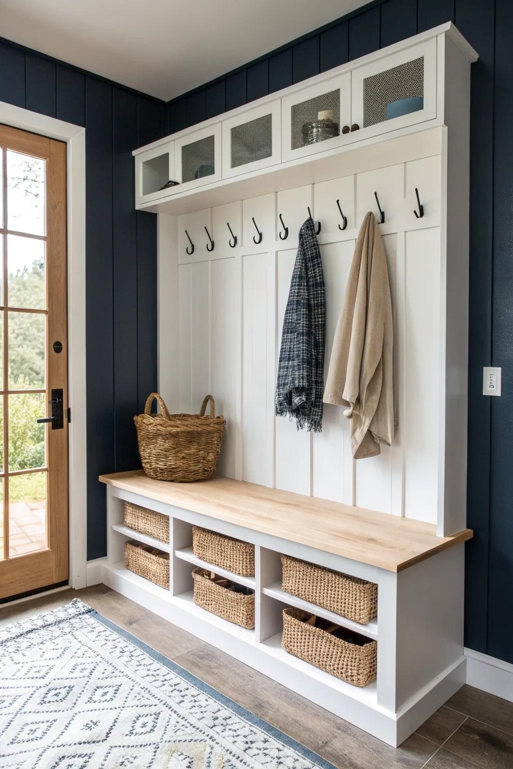 Handcrafted oak bench + cubbies + hook rail—farmhouse garage mudroom zone that stays clutter-free.