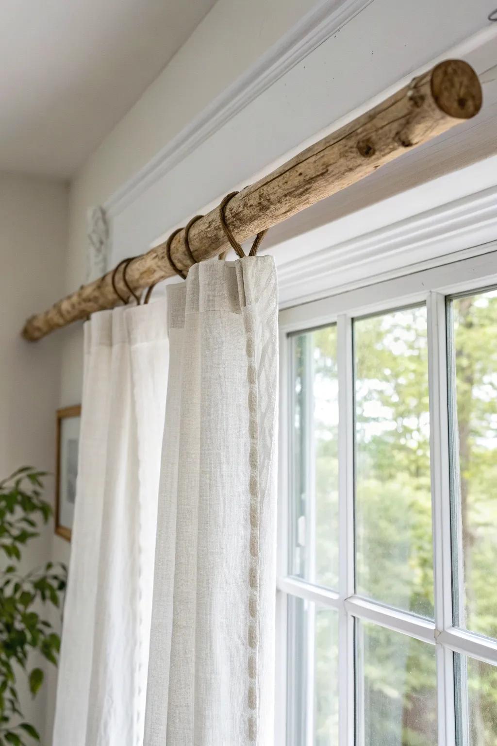Sanded branch-style wood rod brings instant farmhouse warmth above a bright kitchen window.