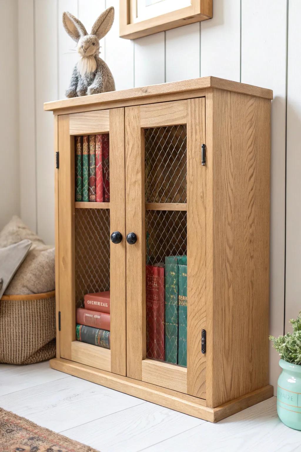 Rustic chicken‑wire book cabinet: farmhouse charm with a clean, Scandinavian nursery look.