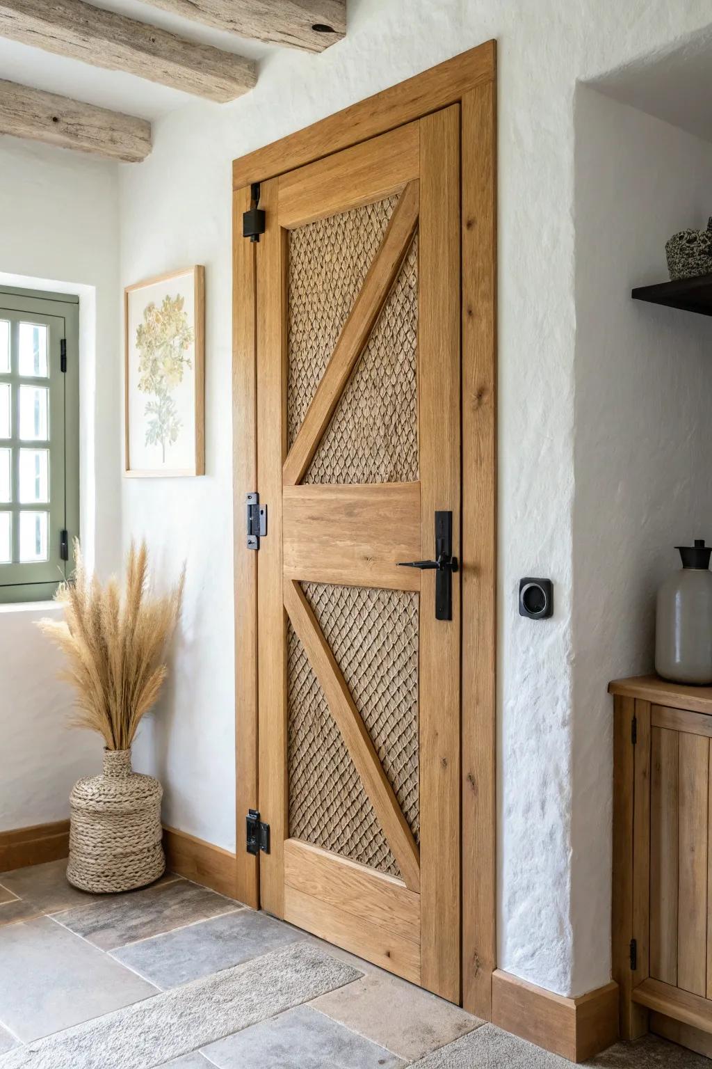 Cane webbing center panel + chunky wood frame—airy texture with modern black hardware.