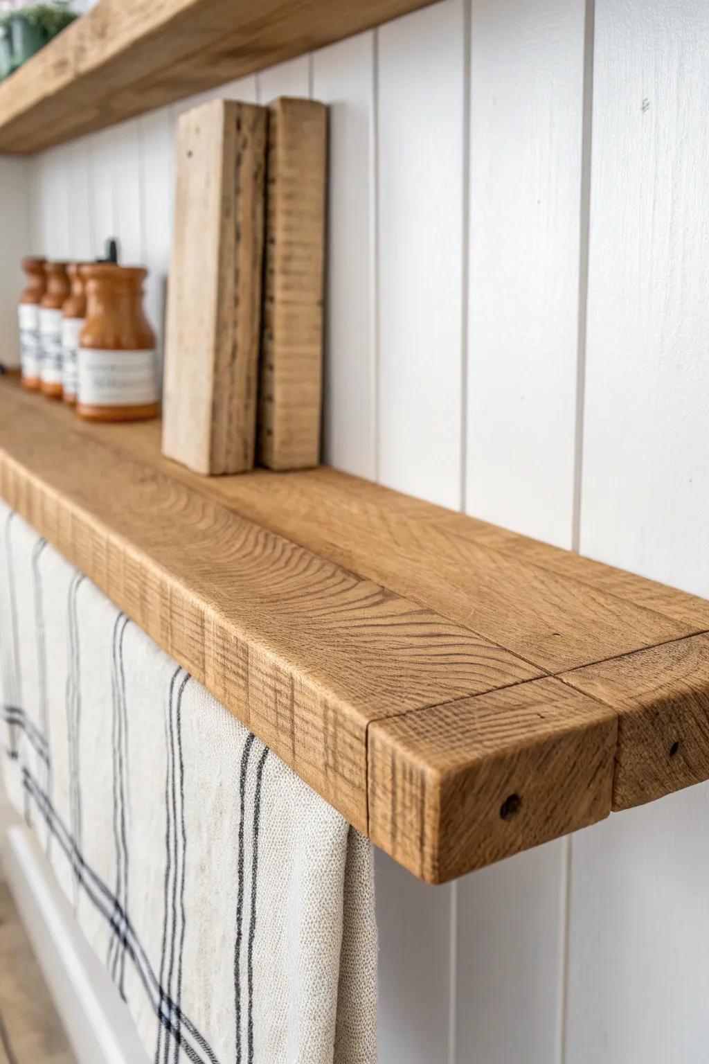 Warm oak meets striped linen—an easy shelf-liner trick for cozy farmhouse contrast.