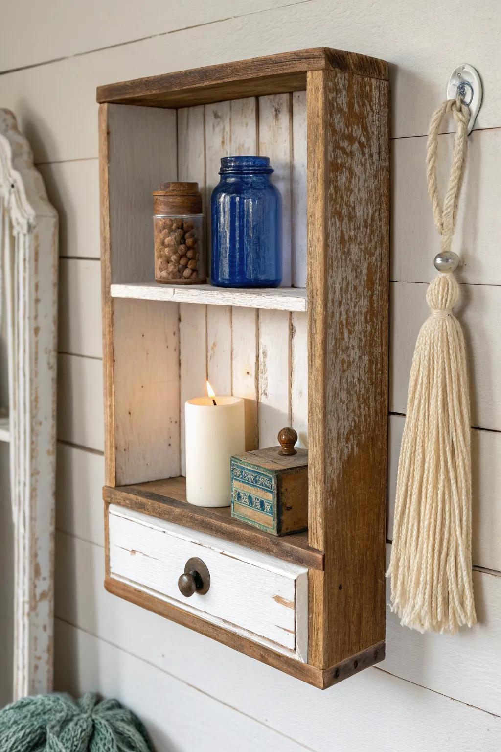 Repurposed drawer shelf with beadboard backing—farmhouse shadow box style with a bold color pop.