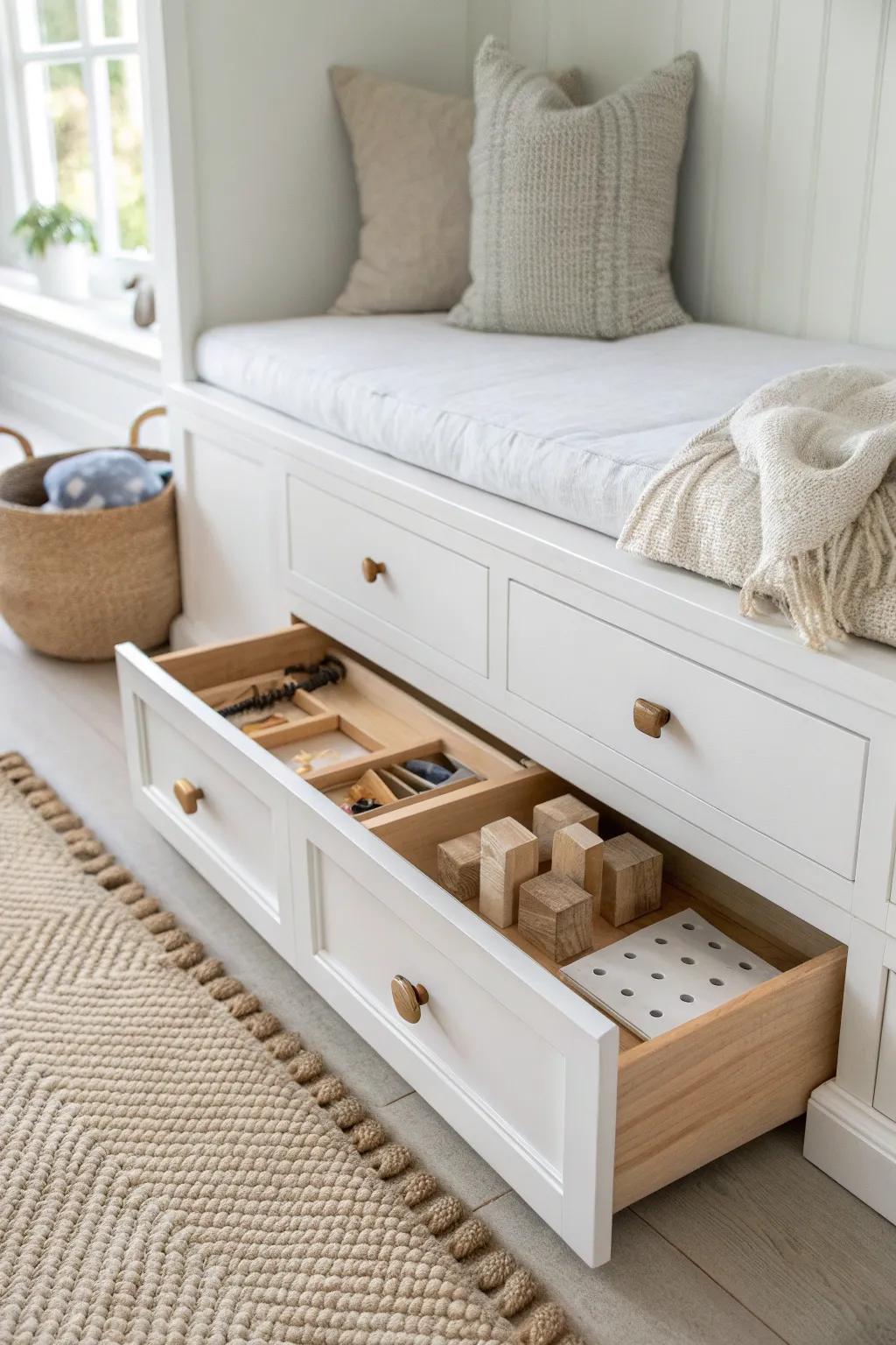 Secret toe-kick drawer toy storage: farmhouse clean lines with hidden, bonus space.