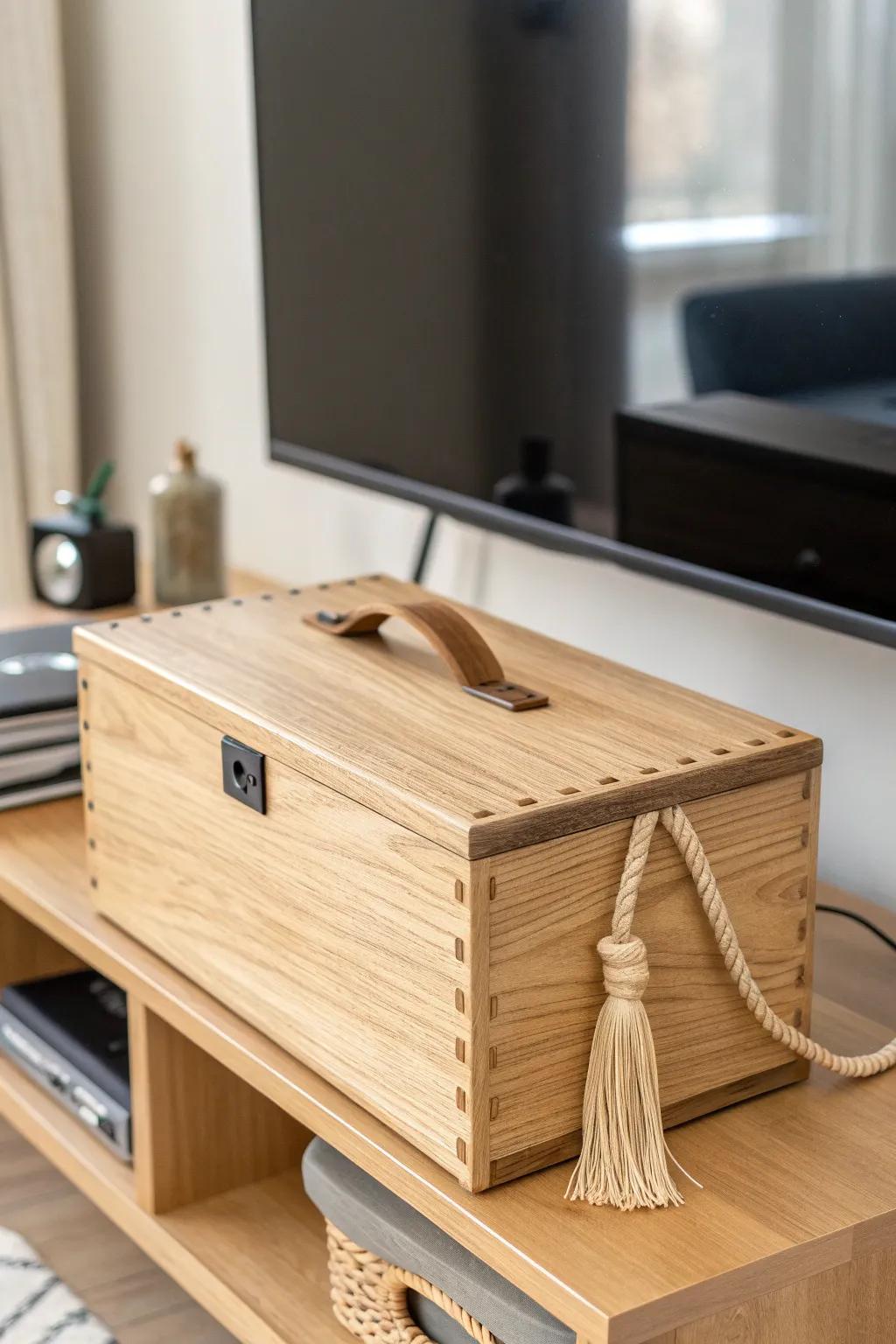 Tame cord chaos with a lidded wooden box—clean holes, hidden power strip, farmhouse calm.