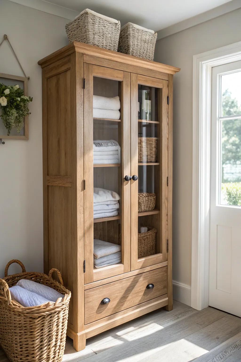 A glass-front cabinet “closet pantry” that turns folded tees and bins into farmhouse wow.