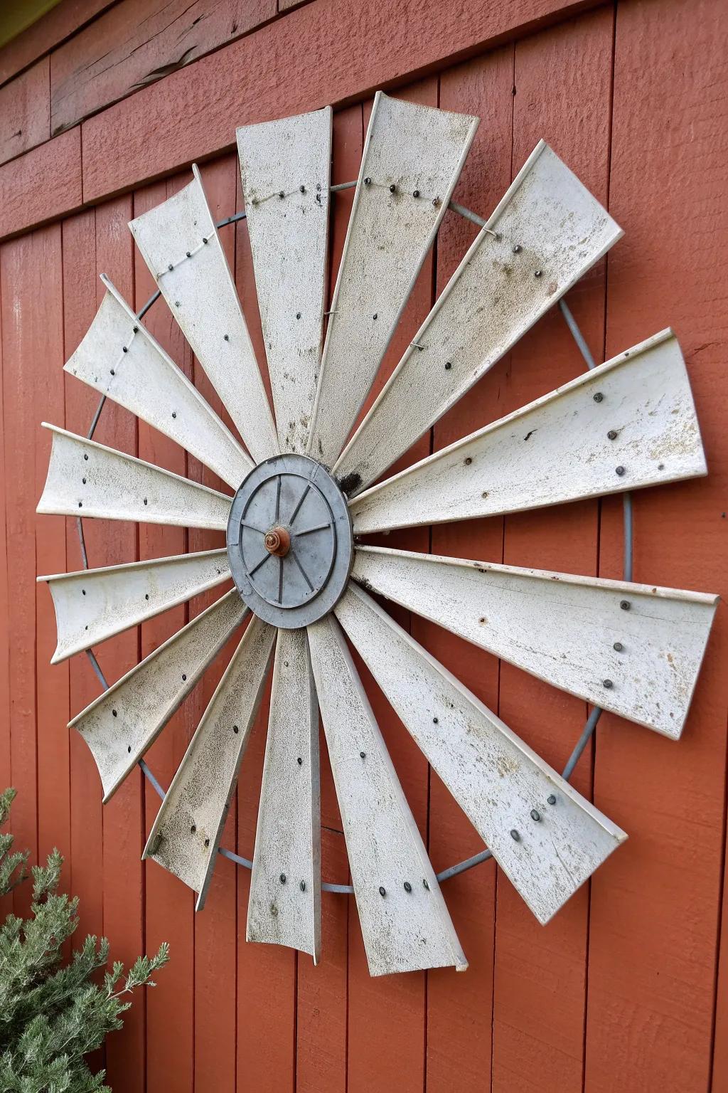 Repurposed fan blades become bold windmill wall art—aged, rustic, and beautifully minimal.