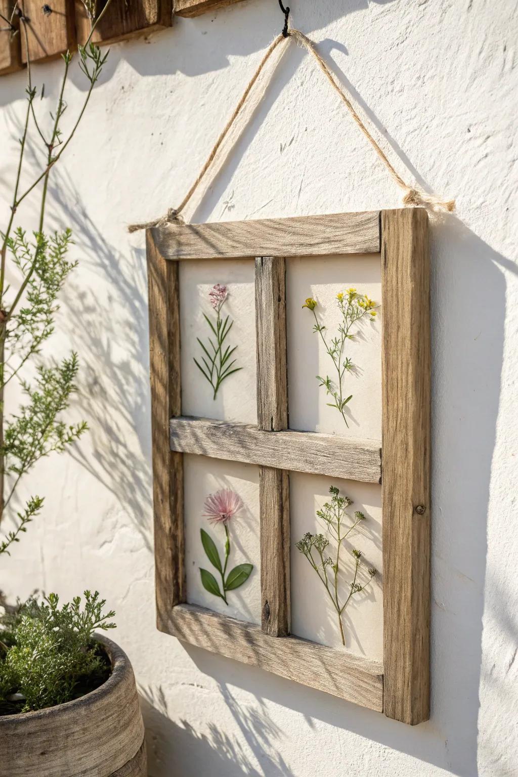 Pressed rosemary and wildflowers in a rustic wooden grid—soft garden tones meet farmhouse charm.