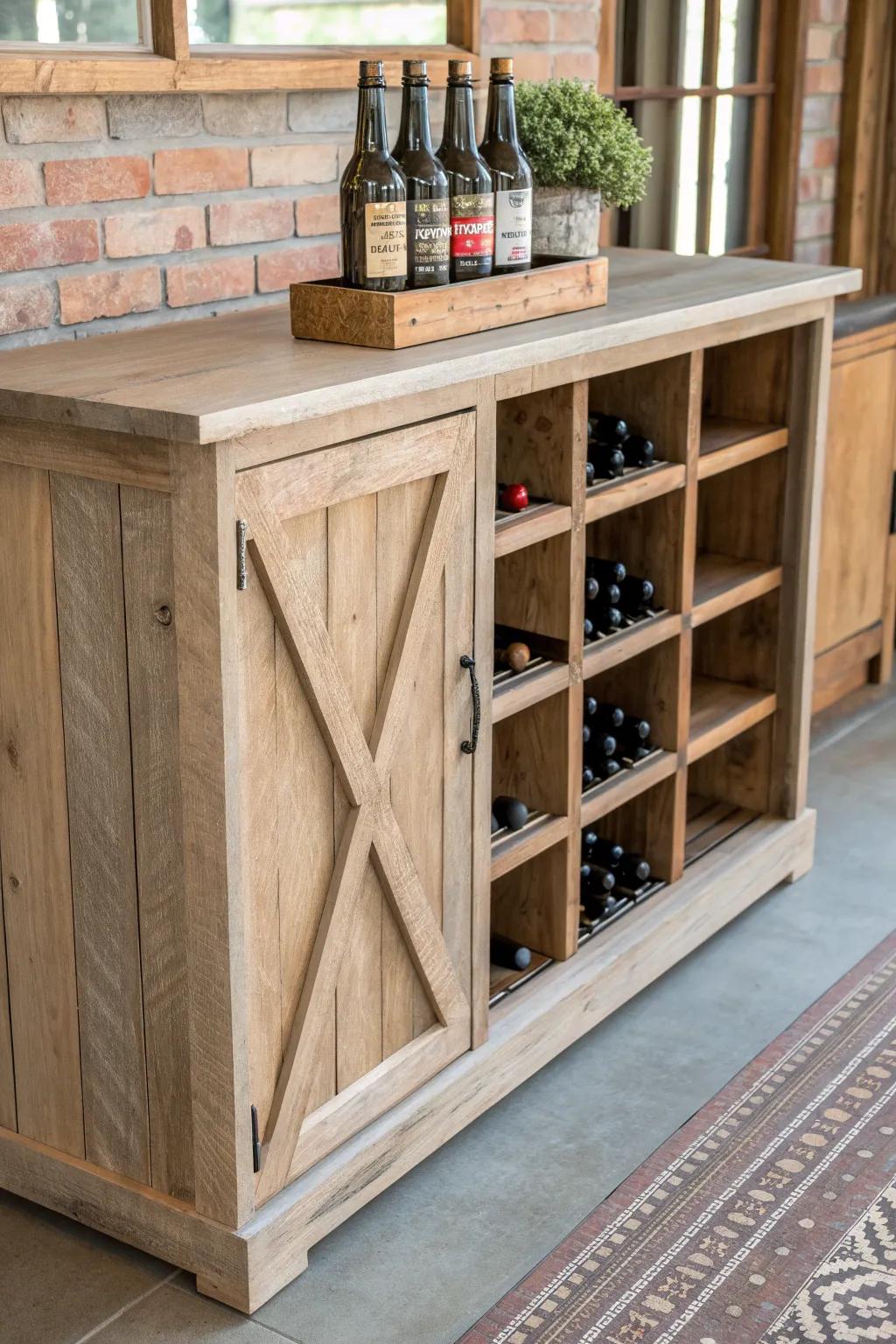 Crate-style cubbies keep bottles tidy—farmhouse charm with bold teal contrast.