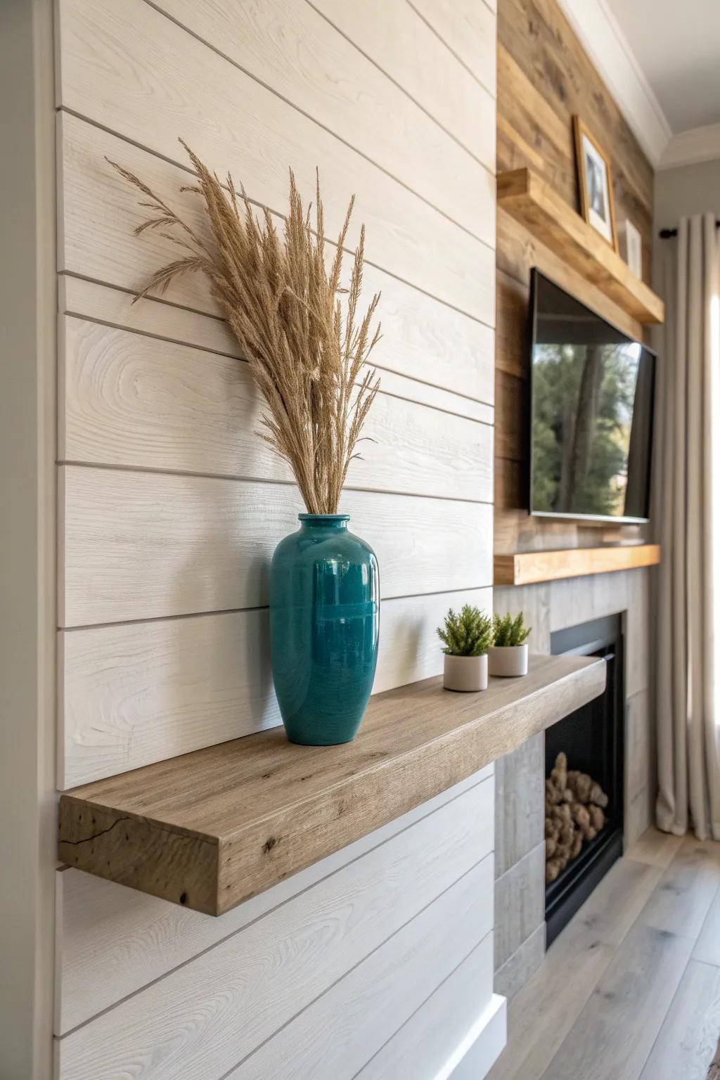 Chunky floating shelf on a faux wood accent wall—minimal styling, maximum warmth.