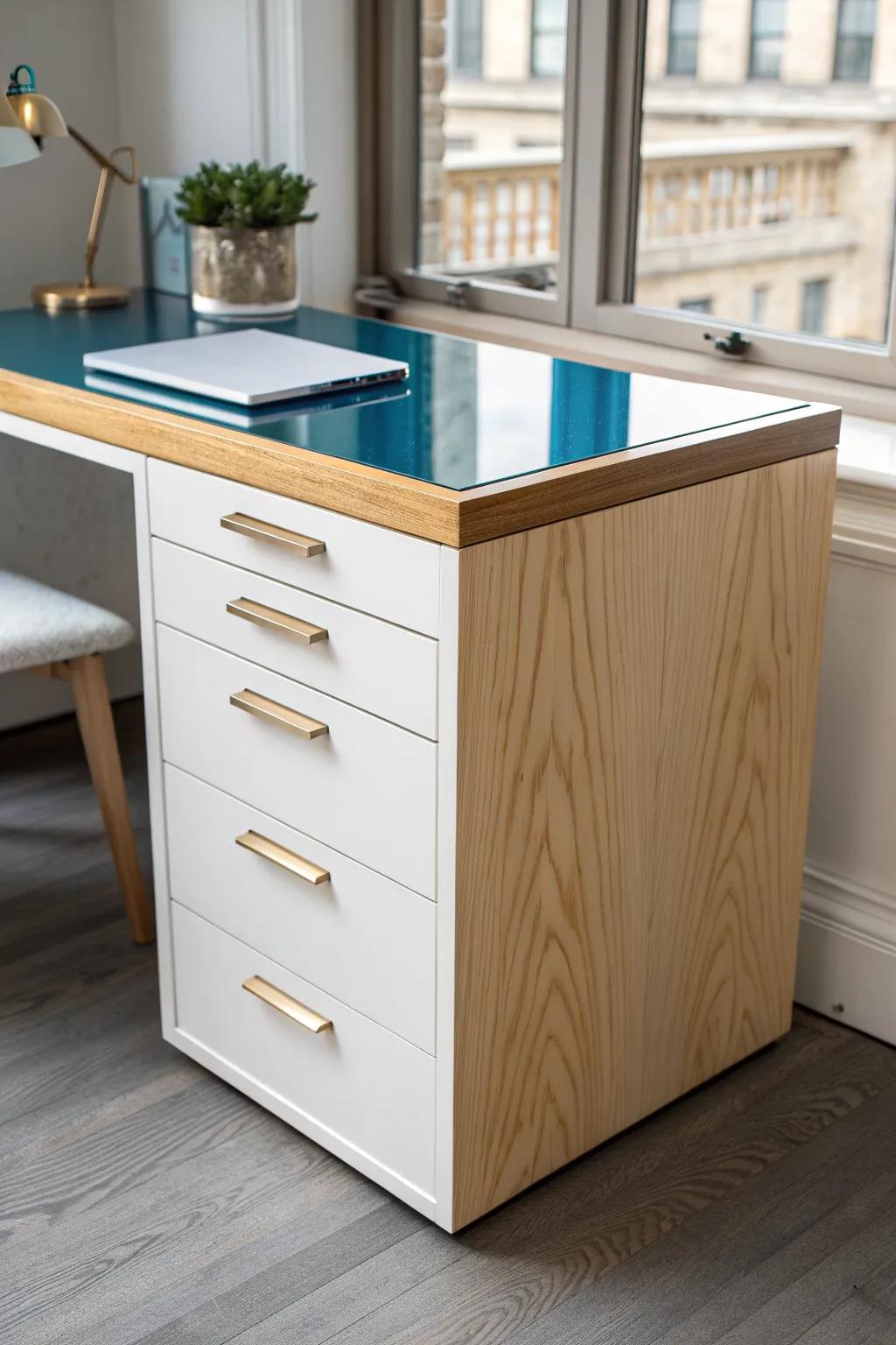 A file cabinet desk with a bold resin “river” inlay—turn scratches into a custom showpiece.