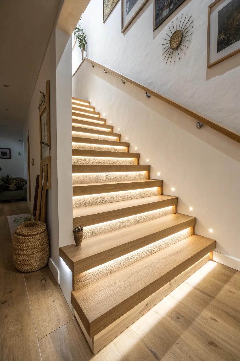 Built-in tread lighting makes finished oak stairs glow at night—clean, high-end, and cozy.