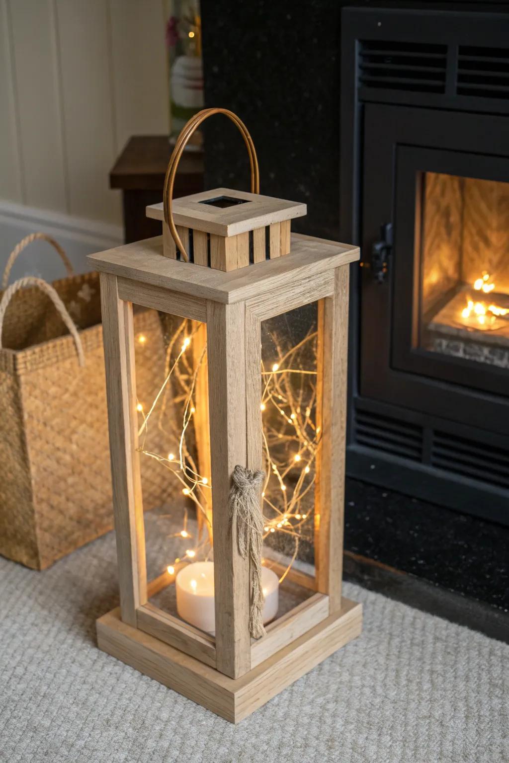 Make a sealed fireplace glow: a handcrafted oak lantern wrapped in warm string lights.