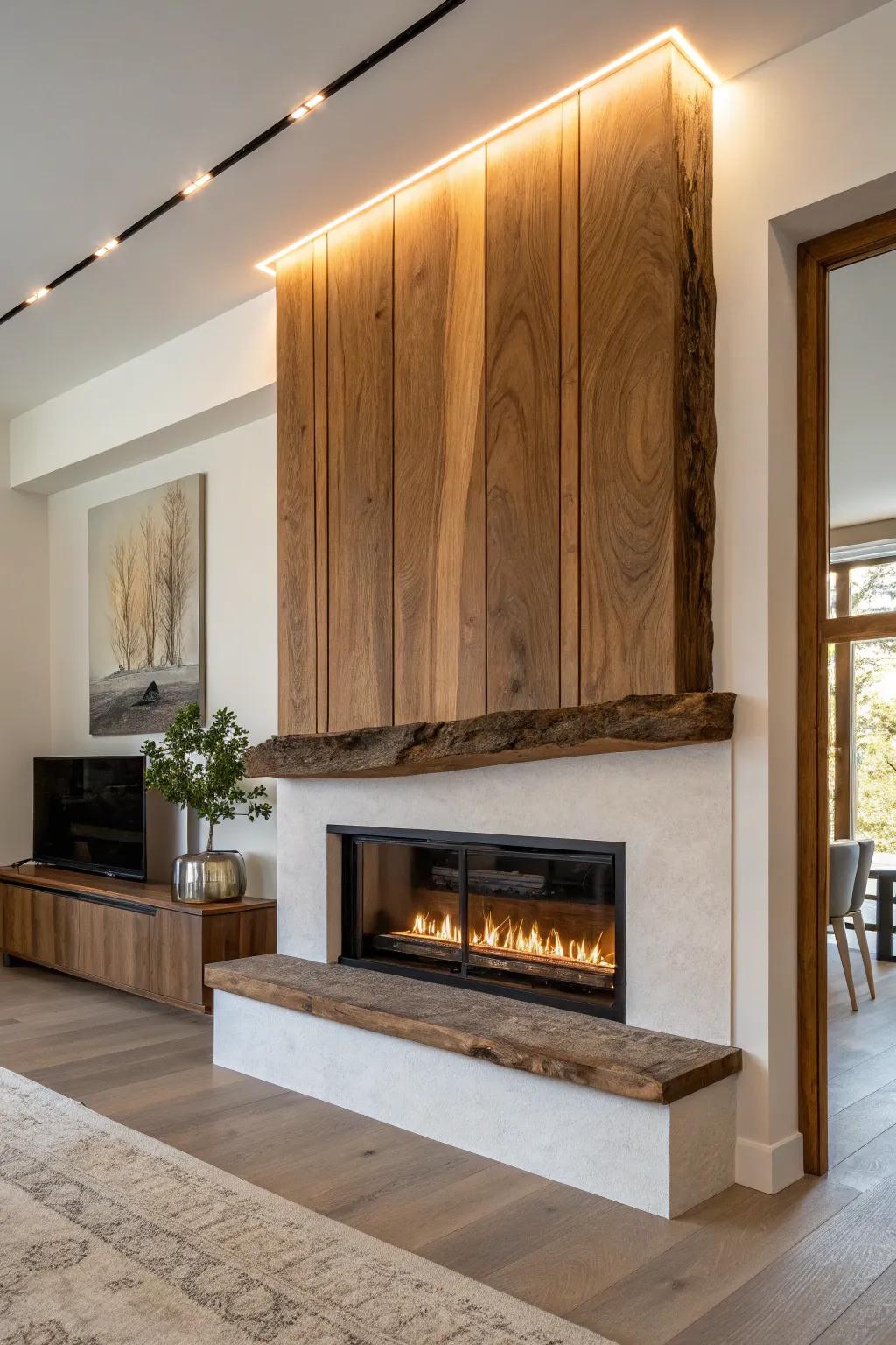 Backlit bookmatched live-edge slab facade—warm glow that turns the fireplace into art.