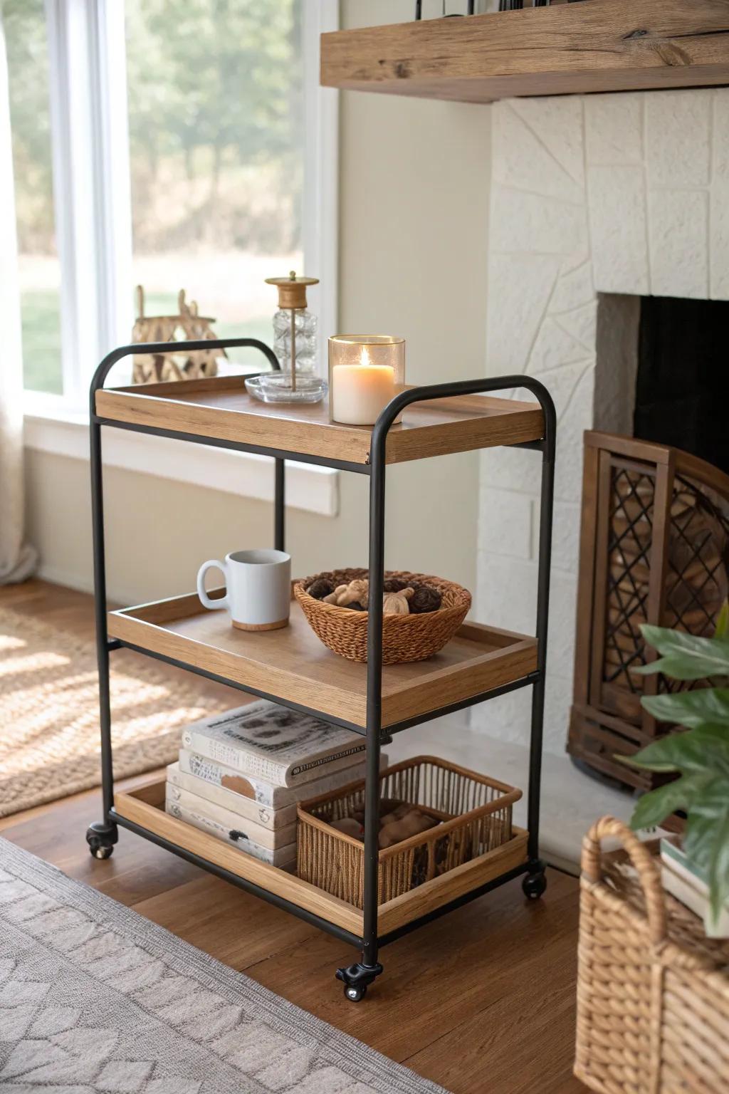 A handcrafted rolling bar cart in oak and black metal—perfect for cocoa, candles, and game night.