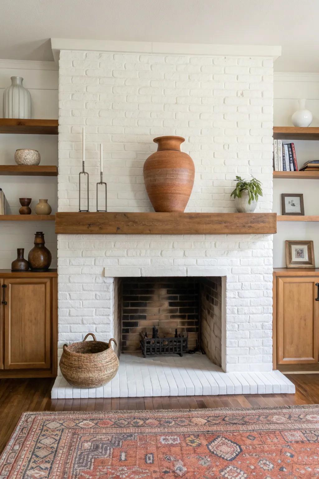 Simple built-ins flanking a chunky wood mantel make the fireplace wall feel custom and balanced.