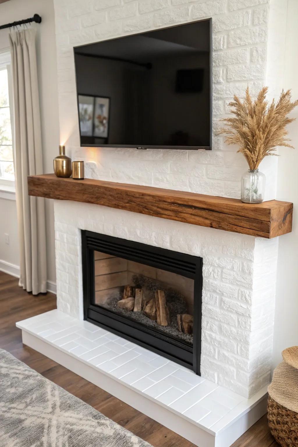 Live-edge walnut mantel top that warms a built-in fireplace TV wall with bold contrast.