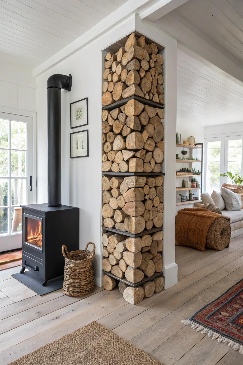 A crisp corner column stack turns firewood into minimalist, sculptural indoor storage.