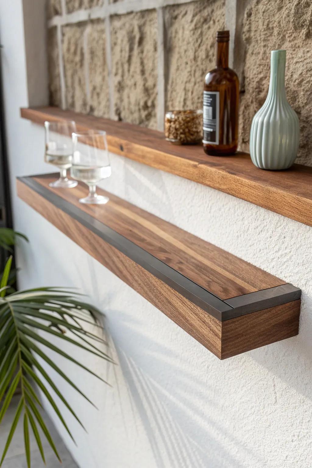 Walnut floating bar shelf with a smoky resin inlay—minimal, modern, and beautifully warm.