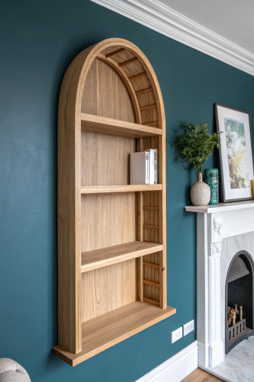 Arched face-frame floating shelves: a built-in look beside the fireplace, without construction.