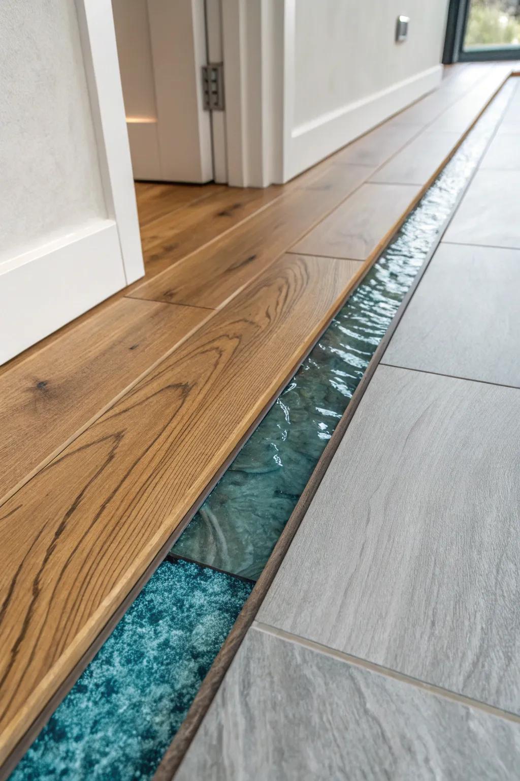 A resin river threshold turns the seam between wood and concrete into a bold, glossy stream.