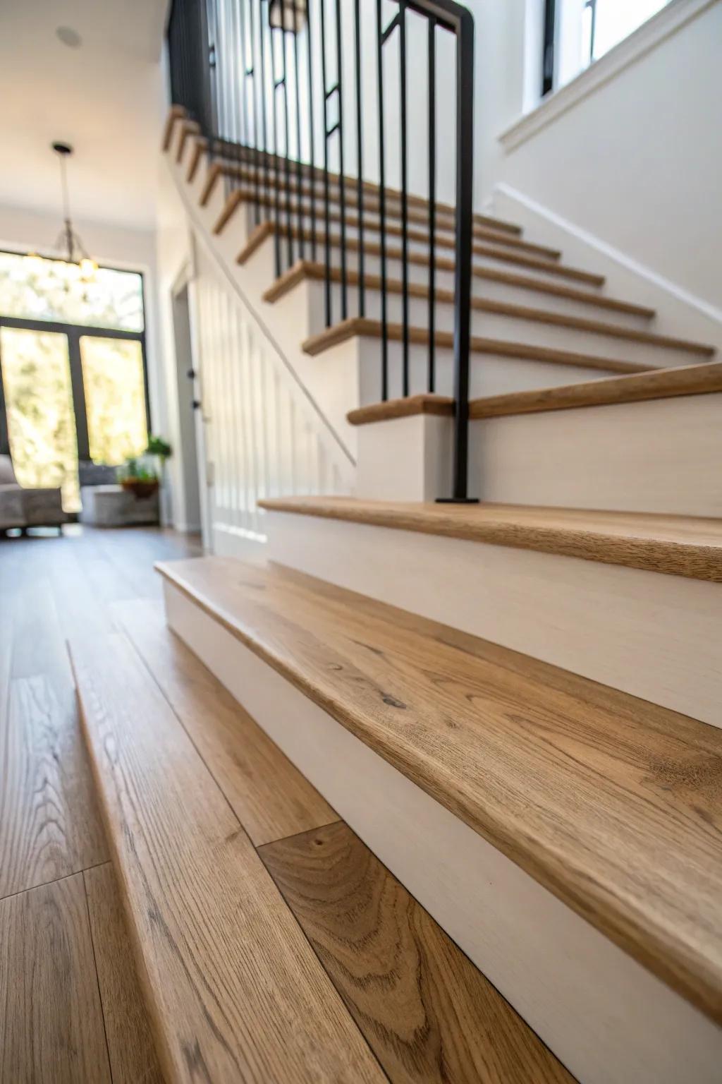 Extra-wide landing planks: fewer seams, more calm—modern farmhouse warmth for your stairs.