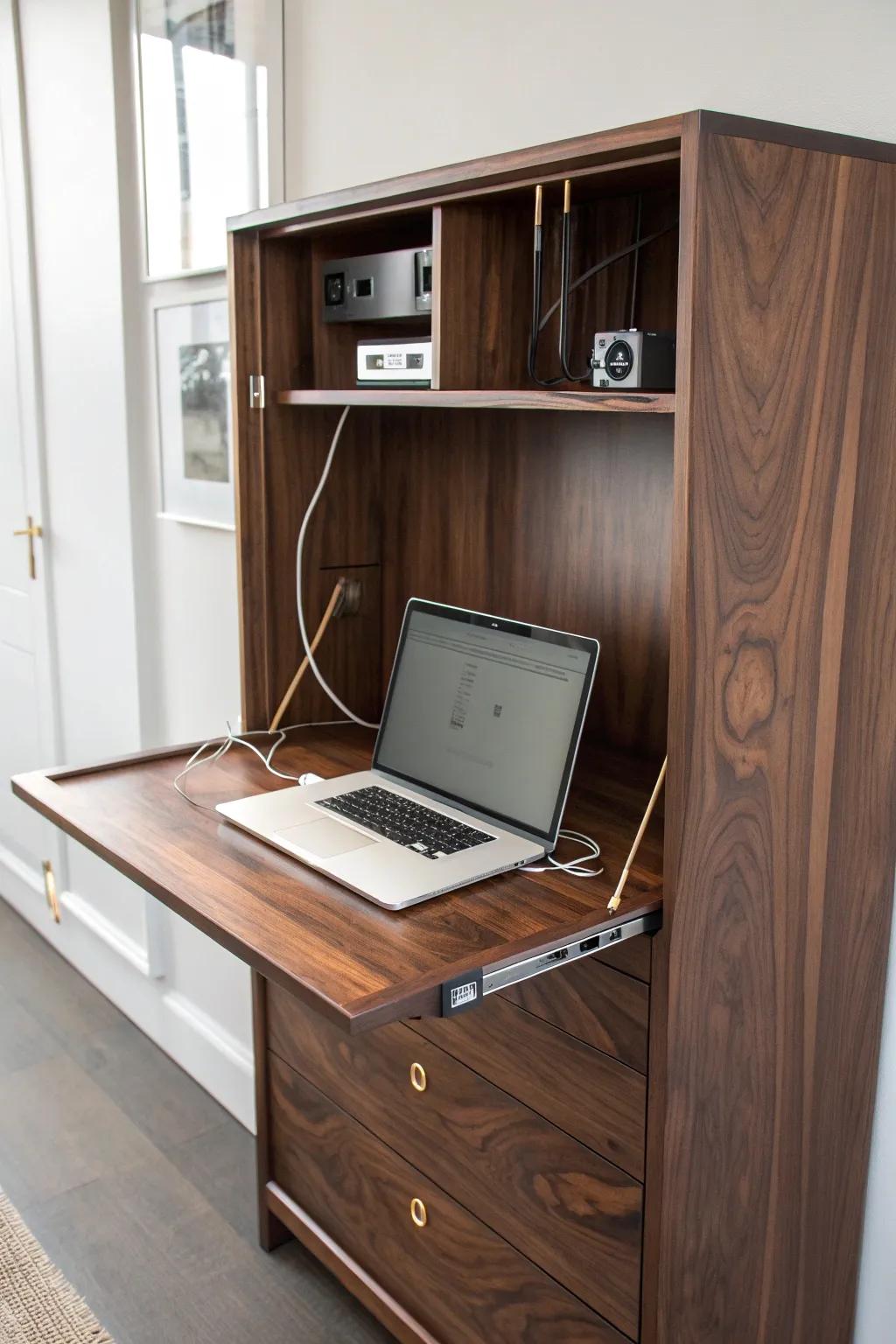 Elevate your workspace with this meticulously crafted fold-down desk featuring seamless cable management for a tech-savvy, clutter-free environment.