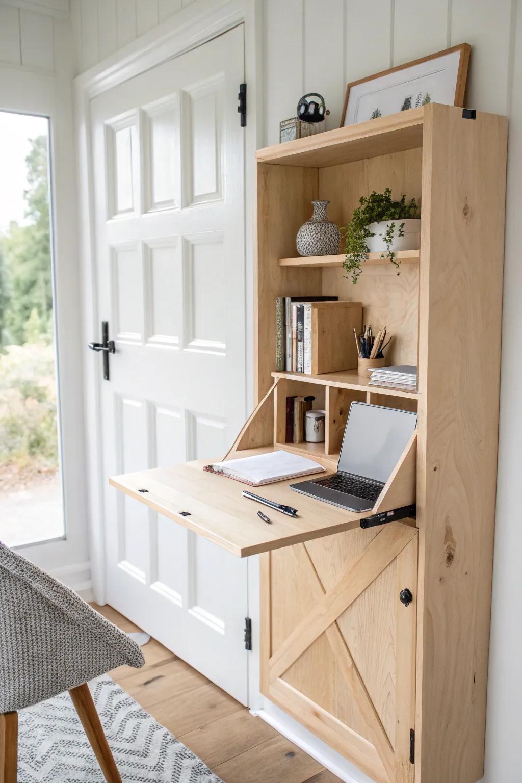 Behind-the-door fold-down desk: slim, bright birch, and beautifully practical for tiny spaces.
