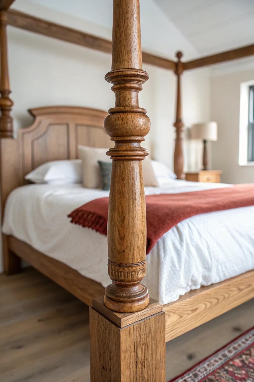 Upcycled spindle post adds soulful character to a modern four‑poster bed corner—Scandi + boho.