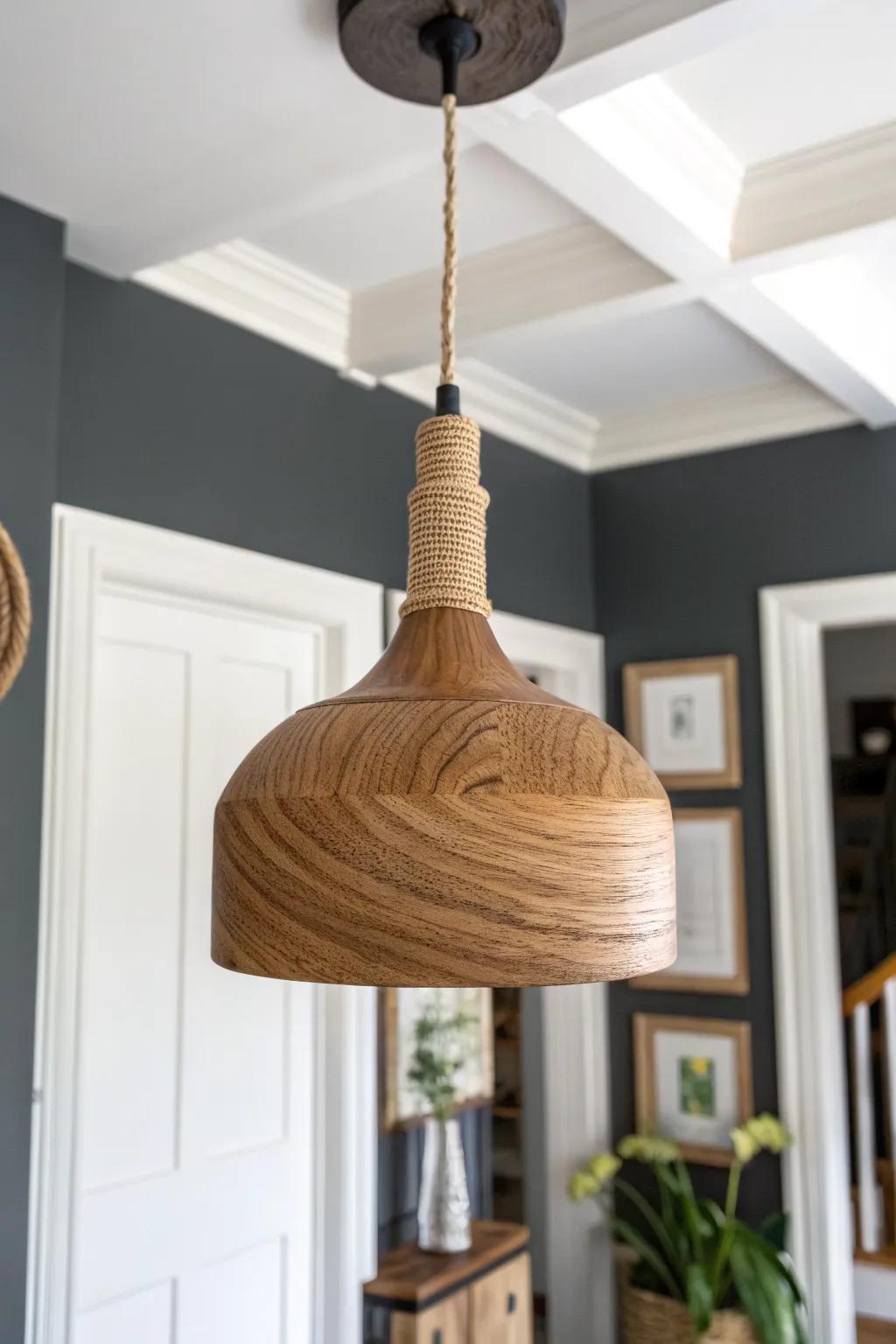 A handcrafted oak pendant pops against a charcoal foyer ceiling—minimal, bold, and cozy.