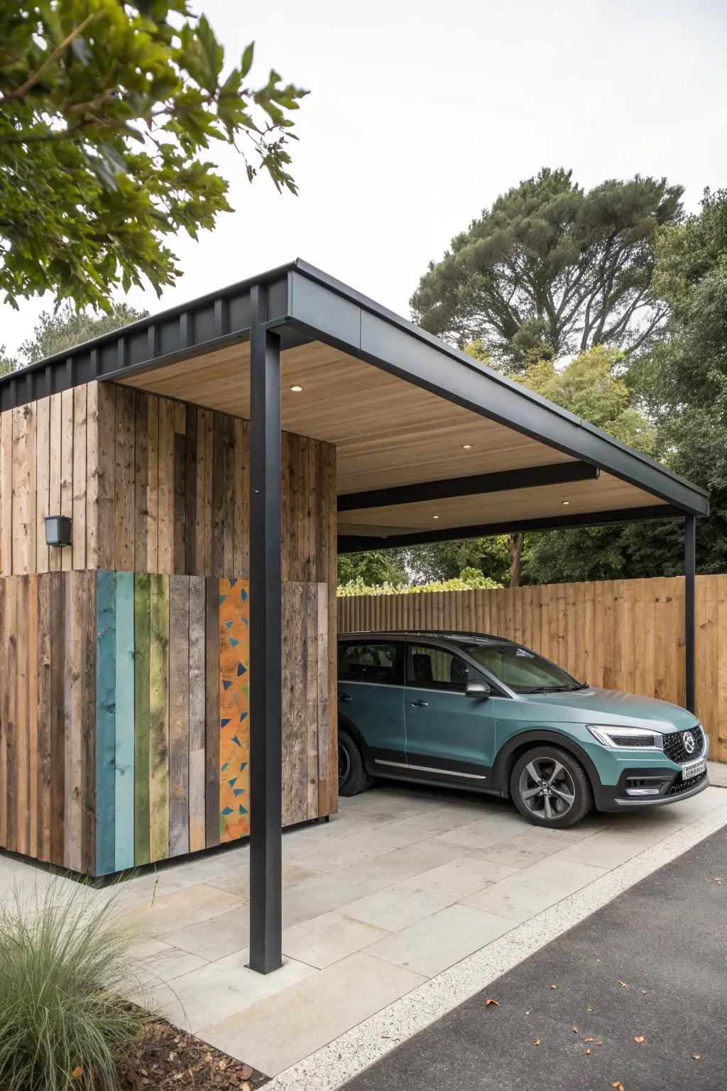 Patchwork reclaimed boards turn a simple freestanding carport into a rustic-modern statement.