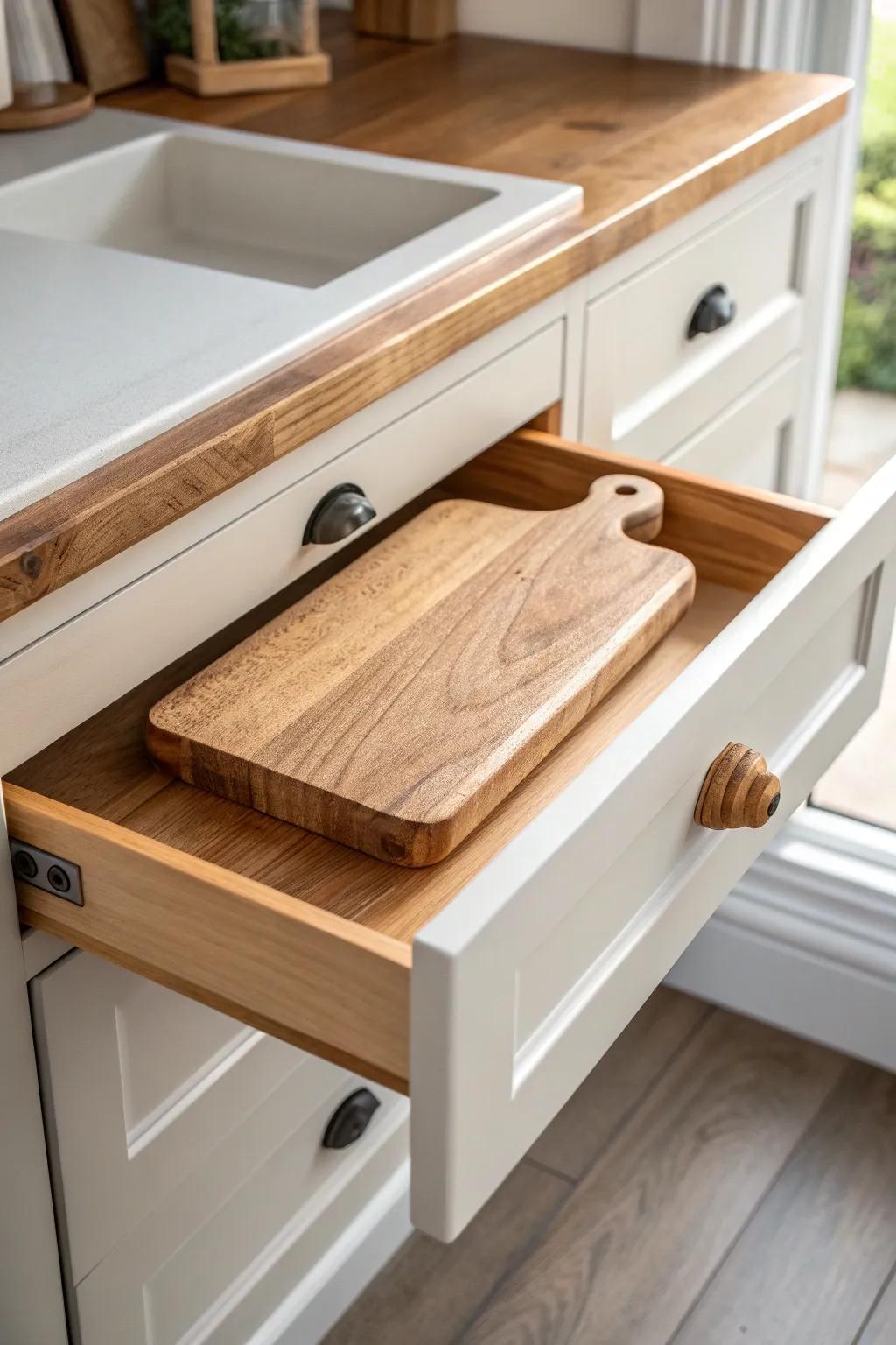 A hidden pull-out oak pastry board nook for a tidy, romantic French cottage bakehouse feel.