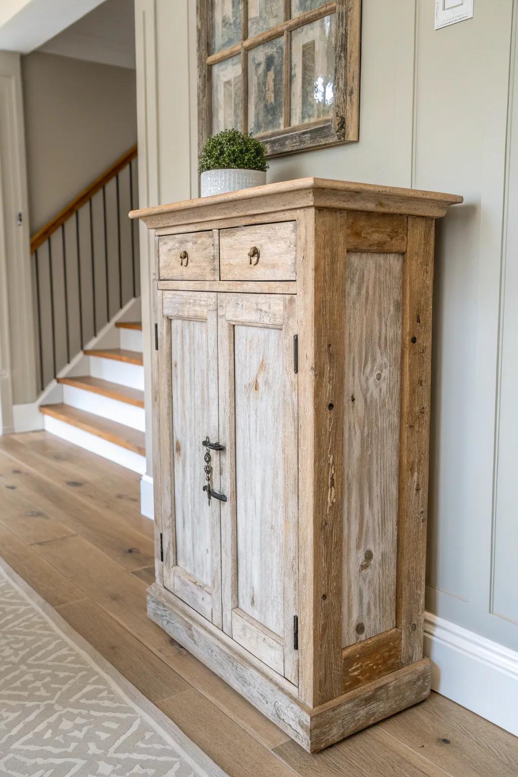 A salvaged French door becomes a console base—patina, hinges, and oak slab perfection.