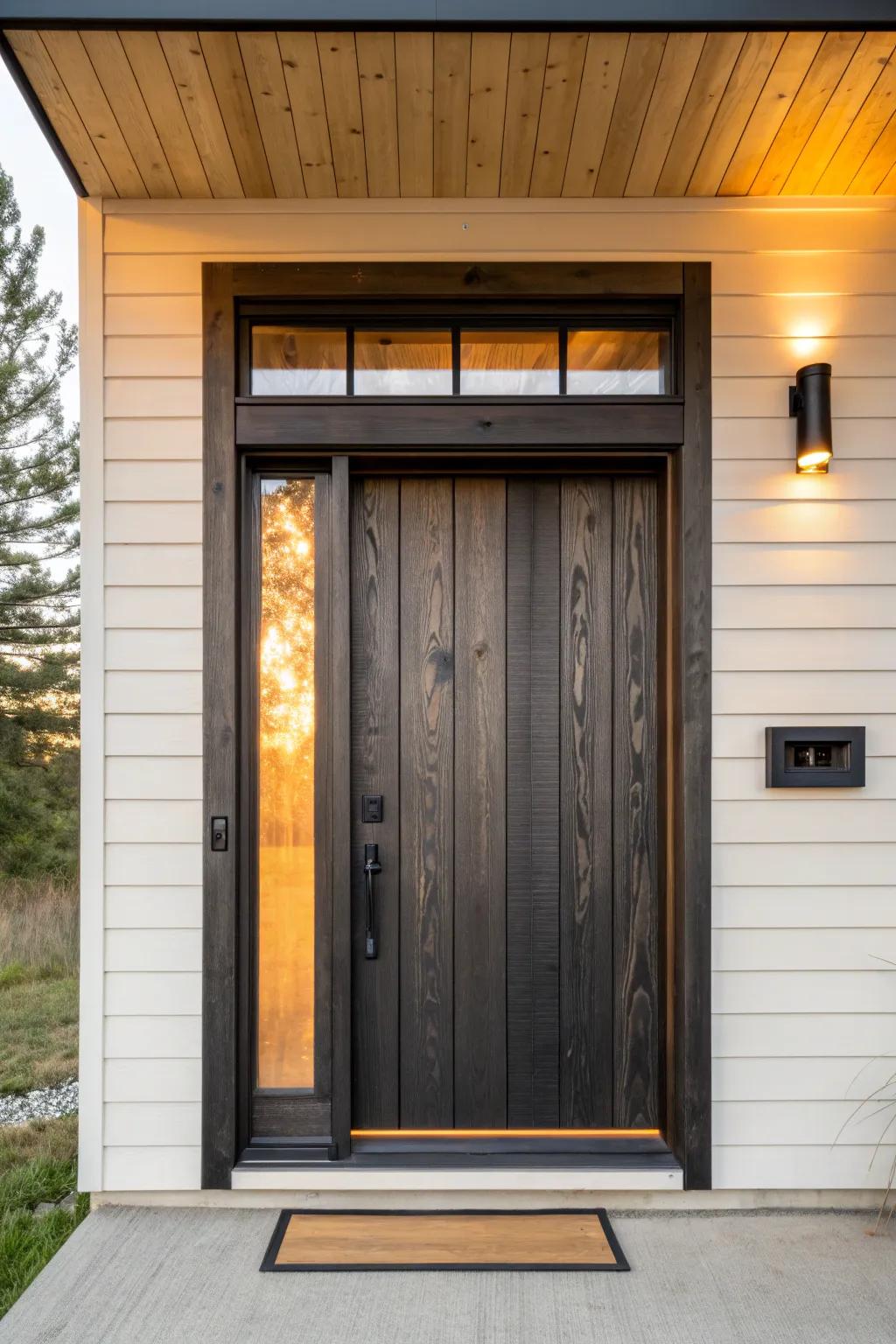 Charred-wood surround + hidden LED glow—minimal, bold, and instantly welcoming at night.