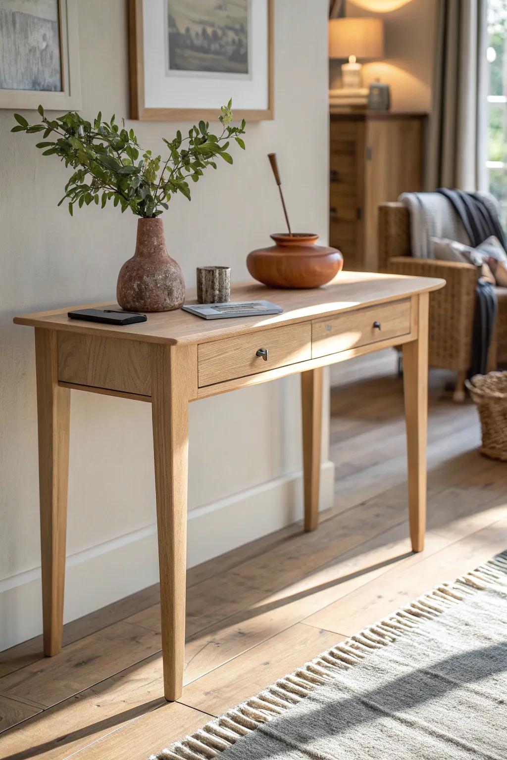 A slim oak console flips open into a bold, felt-lined game table—perfect for small living rooms.