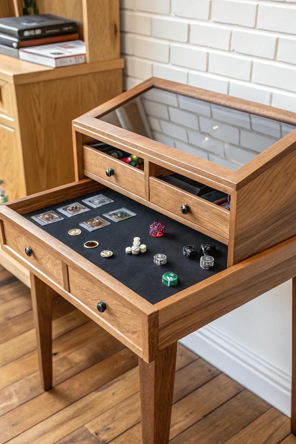Glass-top shadowbox desk display—turn your loot into a clean, museum-style centerpiece.